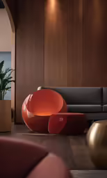 this is a modern living room with orange chair