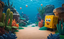 a blue ocean has a spongebob underwater scene on it