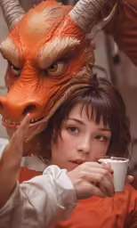 a girl is sitting and looking around with horns on her head