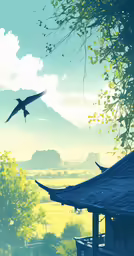 the sky is mostly blue and clear with the birds in flight