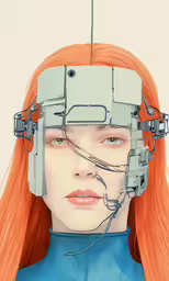 a woman with red hair has various wires attached to her head