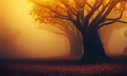 a large tree sitting in the middle of a forest filled with leaves
