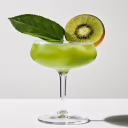a cocktail with a slice of kiwi and a green leaf on top
