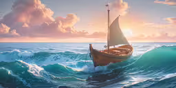 a painting of a boat in the water,a boat is in rough waters as the sun rises