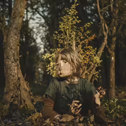 a young girl sitting in the leaves outside