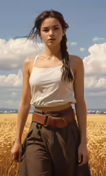 a woman is standing in a field posing