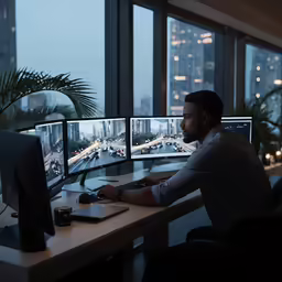 a man is sitting at a desk with three monitors on