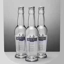 a painting of four bottles of boodle and a glass