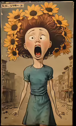 a cartoon illustration of a girl with sunflowers in her hair