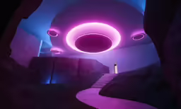 a room with purple lighting and steps