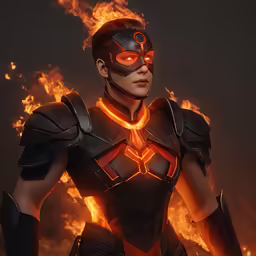 a woman in armor in front of fire