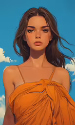 a woman with an orange dress is looking at the camera