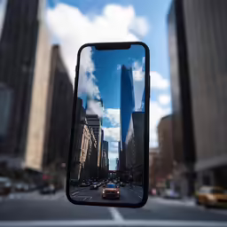 the image of a view of a city street taken in a rear view mirror