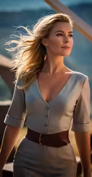 the blonde beauty looks over her shoulder, with a smile on her face