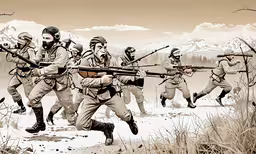 a group of men running down a dirt road,a sepia tone drawing of soldiers running in front of a mountain range
