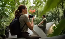 a woman in black shirt with camera and man