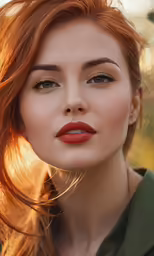 a woman with wavy red hair and bright makeup