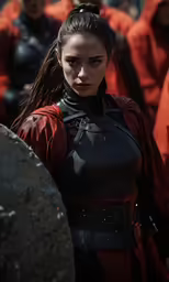 the young woman is dressed in black and red attire