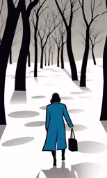 a woman in the winter snow with a bag walking away