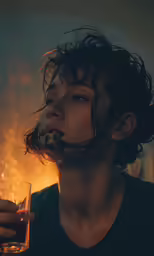 woman drinking alcohol with a candle and some flames behind her