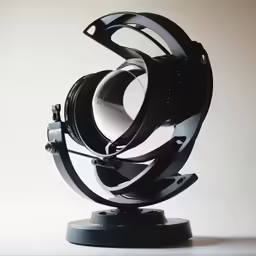 a black metal sculpture with a circle shaped piece of artwork