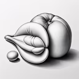 a drawing of an apple with its top half down