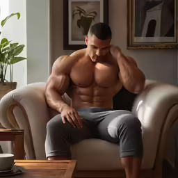 a shirtless man posing in his living room