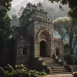 a tall tower with many windows in the woods
