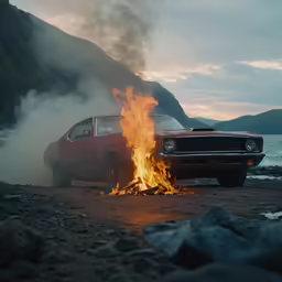 the car is lit up on the beach near the fire