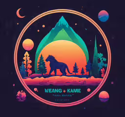 the cover art for meang & kame album,a lion standing in front of a mountain filled with stars