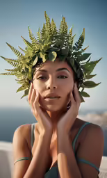 a woman with a plant on her head