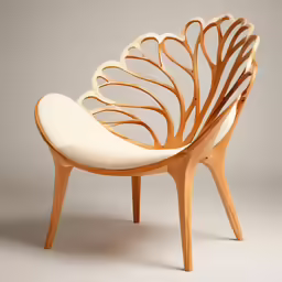 two chairs are shown with curved legs and wood