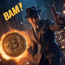 a man in suit and tie pointing to a burning bitcoin