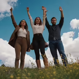 three people posing with their hands in the air