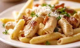 a plate full of pasta with sausage and meat