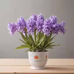 a pot with purple flowers and leaves on a table