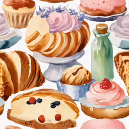 watercolor painting of pastries and pastry items,a bunch of various types of donuts on a white background