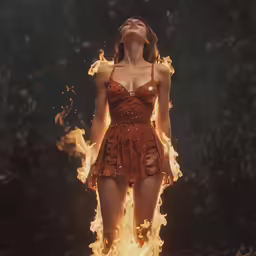 a woman wearing a bikini in front of a fire