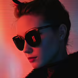 woman wearing sunglasses standing against a neon background