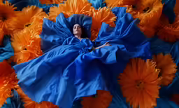 a lady is lying in a flowery bed with her hands on her head