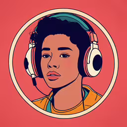 a painting of a girl with headphones in front of her,a woman with headphones is shown in a pink circle