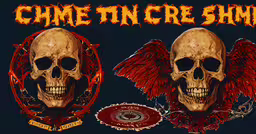 two skulls with red wings are on the dark background,two skulls with wings on their heads in orange