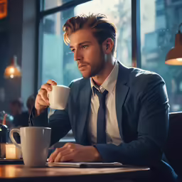 a man holding a coffee mug sitting at a restaurant