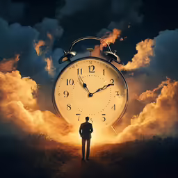 a person standing in front of a large clock on a field