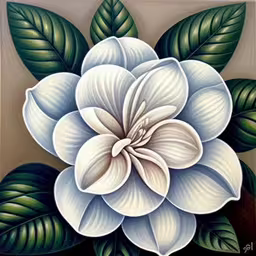 a large flower is painted on a tile,a painting of a white flower with leaves