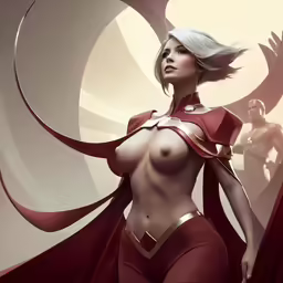 an naked female in a red outfit and cape