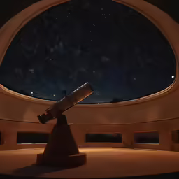 a telescope looking out into the stars through a circular window