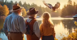 two people standing next to a lake and looking at a hawk