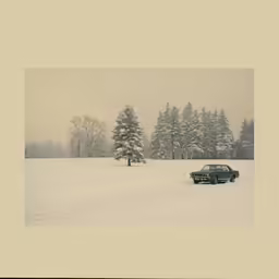 a vintage photo of a car parked in snow