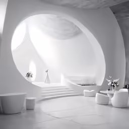 there is a circle - shaped room with many different furniture